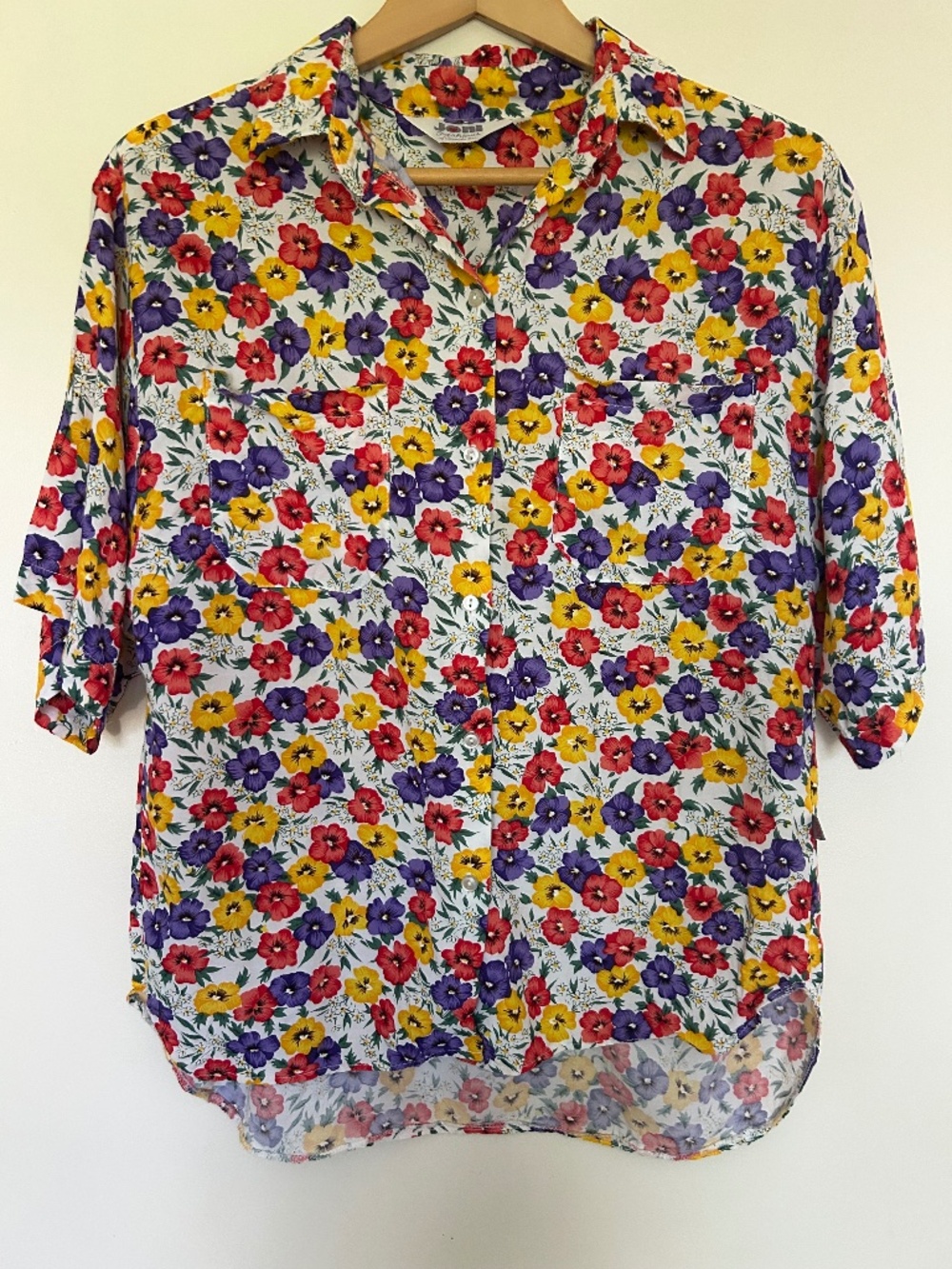 VTG Joni Fashions of Canada 100% Rayon Floral Pansy Cottagecore Blouse M